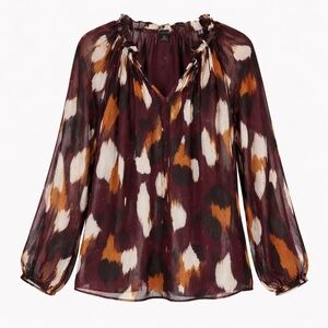 Ann Taylor Burgundy Abstract Sheer Long Sleeve Blouse XL